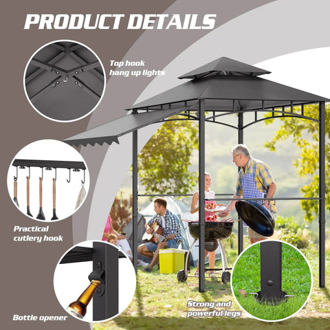8x8 Heavy Duty Steel Frame Grill Gazebo With Double Tier Canopy Shelves Ceiling Hooks And Ground Stakes Waterproof UV Proof Outdoor Patio Tent For BBQ Backyard Gray with family grilling underneath