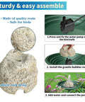 Bird Bath Fountain With 7.5W Pump, Resin Granite Rock Water Feature For Garden Patio Lawn assembly steps and features.