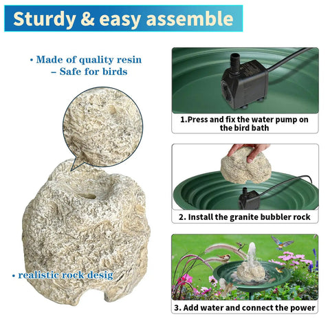 Bird Bath Fountain With 7.5W Pump, Resin Granite Rock Water Feature For Garden Patio Lawn assembly steps and features.