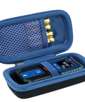 Blue Hard Case For Bosch GLM100-23 And GLM165-40 Distance Measure, Protective EVA Shell Travel Box, Shockproof And Dustproof, Keeps Your Laser Distance Meter Safe And Ready To Roll. Open blue EVA case showing Bosch laser distance meter and battery mesh pocket
