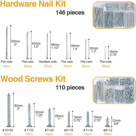 Must Have Pro Grade All In One Hanging Nails And Wood Screws Kit With Clear Organizer Box 256 Piece Hardware Set Image