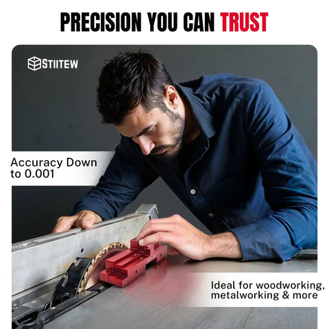 Aluminum Setup Blocks For Woodworking, 9 Piece Precision Shim Kit, Pro Grade 0.001 Inch Accuracy, Fast Router Table And Fence Adjustments, Quick Depth And Height Calibration For Saws And Tools; man setting red blocks on table saw