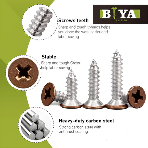 Self Tapping Brown Head Wood Screws Kit 120 Pieces Philips Flat Head Assorted Sizes One Half Inch, Three Quarter Inch, One Inch For DIY Projects And Quick Home Fixes Perfect For Cabinets, Furniture, Shelves And General DIY Repairs For Woodworking And. brown flat-head screws with cross drive and carbon steel body