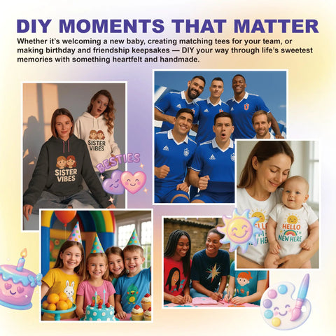 Collage of personalized T-shirts made with Dark Fabric Iron On Transfer Paper Kit, 25 Sheets, 8.5x11 Inches, on various individuals