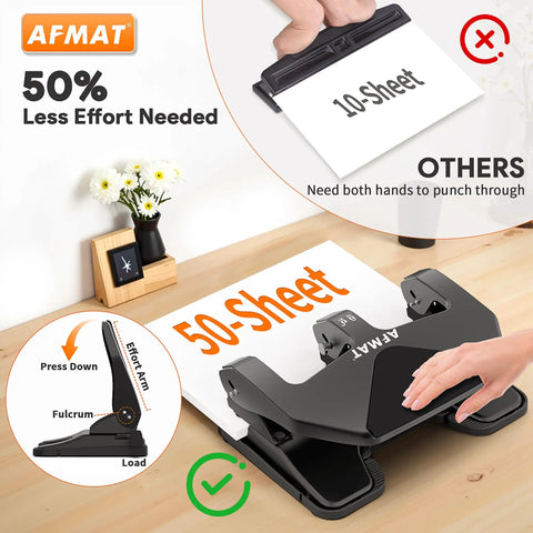 Heavy Duty Three Hole Punch 50 Sheet Capacity With 50 Percent Less Effort Labor Saving Lever, showing ease of use and punch strength.