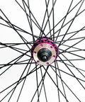 Close-up view of the hub and spokes of the Purple 26 Inch Heavy Duty Bike Rim Wheel Set With Double Wall Aluminum Alloy 12 Gauge 48 Spokes