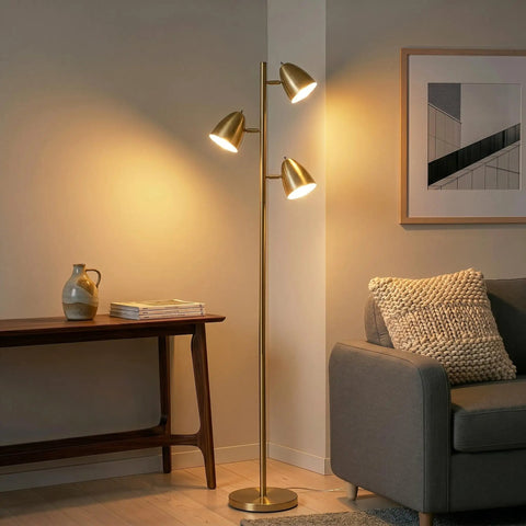 Tall LED Floor Lamp With Adjustable 3 Light Tree In Antique Brass Gold Finish For Living Rooms And Bedrooms Ultra Bright Lit Mood Lighting