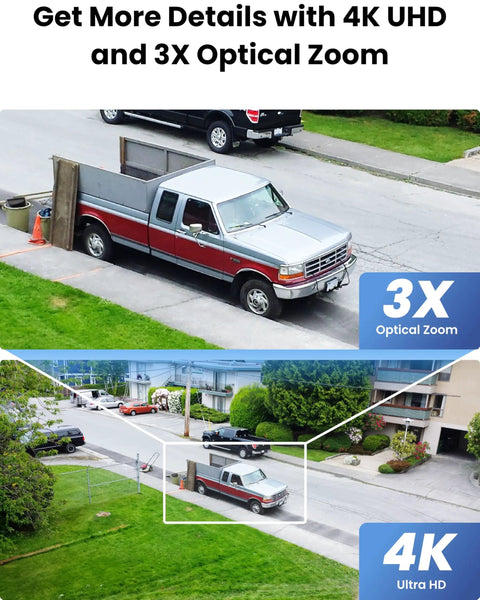 4K Outdoor PTZ Security Camera With WiFi 6, Motion Tracking And Smart Detection, 3X Optical Zoom, Built In Spotlight, Local Storage, Weatherproof Night Vision For Home Surveillance displaying zoom capabilities on a truck in a residential area.