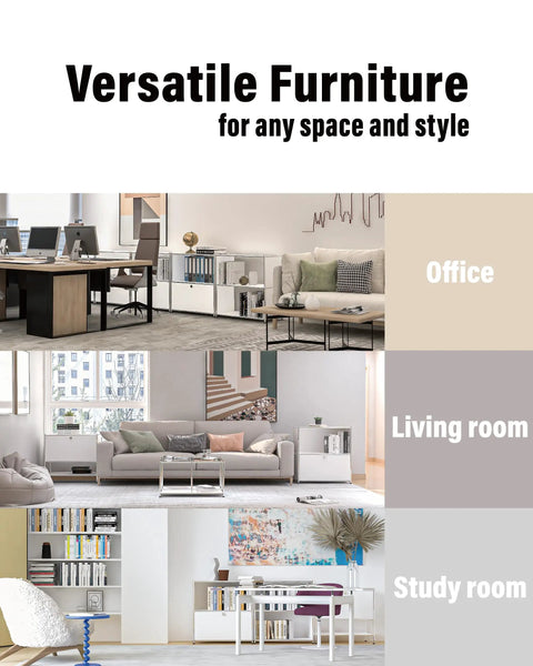 Versatile furniture layout showcasing office, living room, and study room settings with modern decor and furniture arrangements.