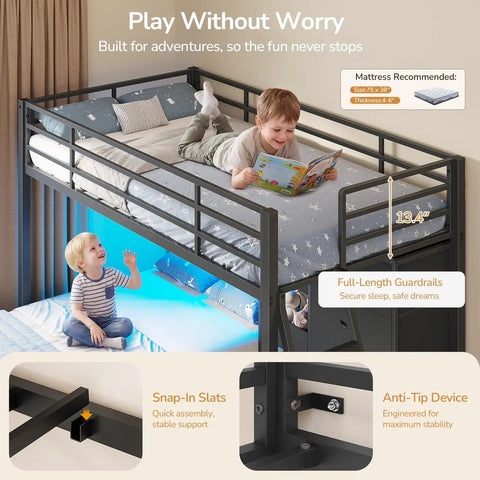 Twin Over Twin Bunk Bed With Four Storage Drawers Three Toy Bins And LED Lights, Metal Frame With Full Length Guardrail And Inclined Ladder, 3 In 1 Modular Space Saving Bunk Bed For Kids, front view with children playing.