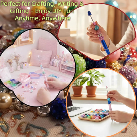 Beadable Pen Kit With 210 Piece Set Featuring 20mm Bubblegum Beads And 16mm Beads, 140 Silver Spacers being used for DIY pens.