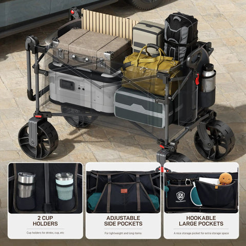 Folding Push Wagon With Brakes, Portable Collapsible Shopping Cart On All Terrain Big Wheels For Camping Beach Sports And Outdoor Hauling, loaded with various bags and cases, showing use in outdoor setup.