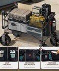 All Terrain Folding Wagon Cart with Canopy and Brakes loaded with camping gear, showing cup holders and side pockets