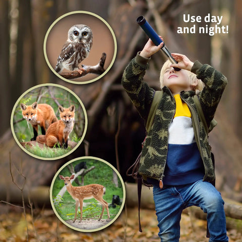 Discovery Telescope For Beginners With 12x Magnification, Portable Refractor For Land And Night Sky Observation, Ideal Kids Telescope To See The Moon, Planets, Wildlife, And Backyard Adventures With Easy Setup, child using blue telescope outdoors