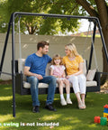 Family sitting on porch swing supported by Beefed-Up Heavy Duty Porch Swing Stand With Adjustable Height, A-Frame, rust resistant