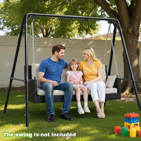 Family sitting on porch swing supported by Beefed-Up Heavy Duty Porch Swing Stand With Adjustable Height, A-Frame, rust resistant