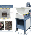 Heavy Duty All In One Industrial Waste Shredder Crusher Beast For Circuit Boards Metal Sheets Plastic Paperboard Cloth Wood And Kitchen Garbage 220V Milling Grinder With 26 Gear Blade System next to size measurements and before-after shredding bins.