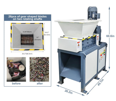 Heavy Duty All In One Industrial Waste Shredder Crusher Beast For Circuit Boards Metal Sheets Plastic Paperboard Cloth Wood And Kitchen Garbage 220V Milling Grinder With 26 Gear Blade System next to size measurements and before-after shredding bins.