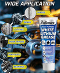 Image of White Lithium Grease Multi Purpose Lubricant for hinges, gears, latches, with visuals of usage areas.