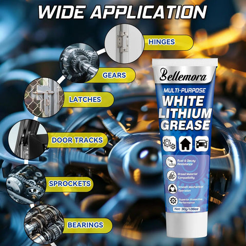 Image of White Lithium Grease Multi Purpose Lubricant for hinges, gears, latches, with visuals of usage areas.