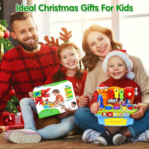 Family with Musical Toddler Tool Bench Set For One Year Olds, Montessori Educational Play Kit With Lights And Sounds