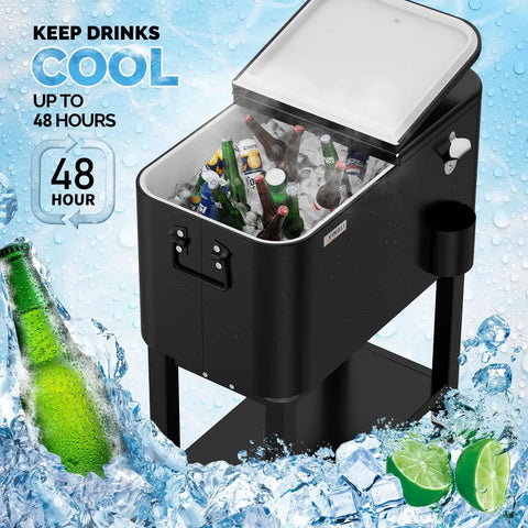 60 Quart Rolling Ice Chest On Wheels Portable Patio Party Bar Drink Cooler Cart With Shelf And Bottle Opener For Backyard BBQs And Outdoor Events
