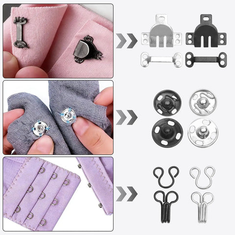 Must Have 224 Pcs Sewing Hooks And Eyes Closure Set With Button Hook Snap Kit for dresses, pants, shown in various styles.