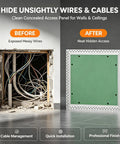 Rock Solid Aluminum Drywall Access Panel With Paintable Push Latch Cover For Ceilings showing before and after concealed access for wires.