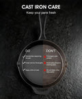 Care instructions for 9.5 Inch Cast Iron Skillet With Teardrop Handle, showing do's and don'ts for cleaning and maintenance.