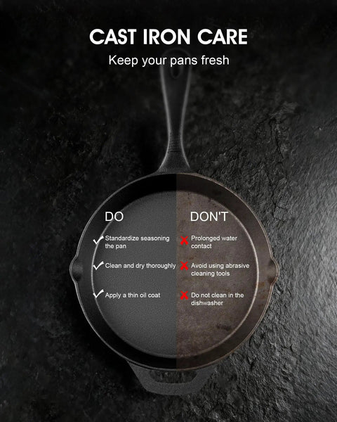Care instructions for 9.5 Inch Cast Iron Skillet With Teardrop Handle, showing do's and don'ts for cleaning and maintenance.
