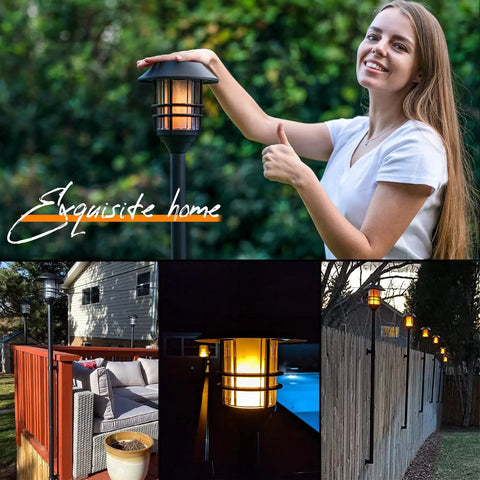 Extra Tall Solar Torch Lights 2 Pack With Realistic Flickering Flame Waterproof Stainless Steel Pathway Lights For Garden Decor Auto On Off Yard Lighting Rust Resistant Finish 8 Inch Lamps