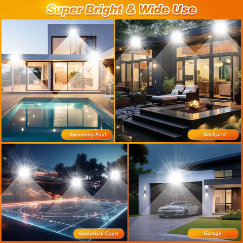 100W LED Flood Light Outdoor 2 Pack with 10000LM Hella Bright IP66 Waterproof Security Lights illuminating various outdoor areas