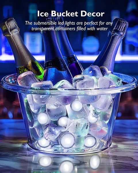 Mini Submersible LED Lights With Remote RGB Multicolor Waterproof Tealight Candles illuminating ice bucket with bottles