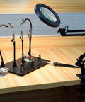 Soldering Desk Magnifier With Heavy Duty Base Adjustable Swivel Arm 5 Diopter Real Glass Lens Three Color LED Modes PCB Circuit Board Holder