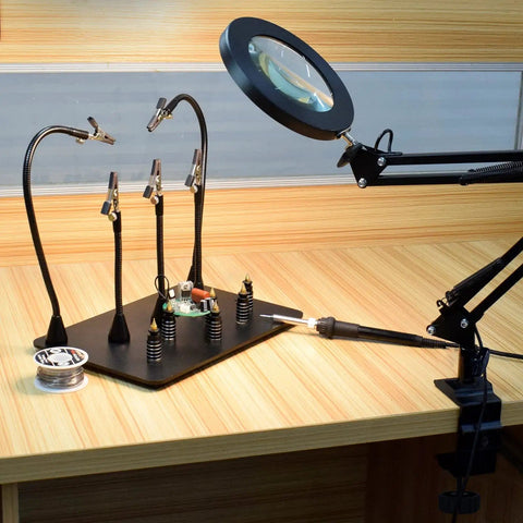 Soldering Desk Magnifier With Heavy Duty Base Adjustable Swivel Arm 5 Diopter Real Glass Lens Three Color LED Modes PCB Circuit Board Holder