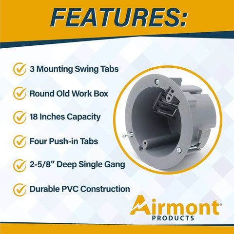 4 Inch Old Work Round Electrical Box One Gang Grey PVC Junction Box With Built In Mounting Tabs Three Mounting Wings And Two Hour Fire Rated Walls product features displayed.