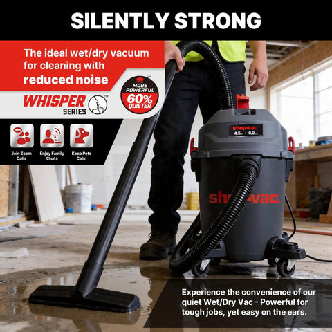 No Break Garage Beast Wet And Dry Shop Vacuum With Ultra Quiet Motor cleaning a floor mess with a powerful hose.