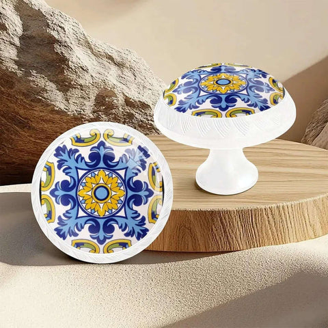 Add Some Serious Flavor To Your Space With Top Tier Mediterranean Tile Drawer Knobs Six Pack Yellow Blue Mosaic Crystal Cabinet Pulls White Base Easy Install Bohemian Style on wooden table.