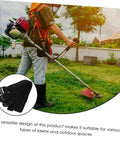 Gardener mowing lawn with 8 pack garden aerator shoes straps easy assembly for lawn and patio aerating spikes shoes not included.