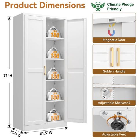 Built Like A Tank 71 Inch White Metal Kitchen Pantry Storage Cabinet With Heavy Duty Cold Rolled Steel Construction Double Doors Adjustable Shelves And Long Lasting Rust Resistant Finish