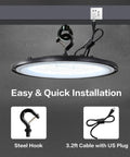 LED High Bay Light 100W UFO Style With US Plug, 15000lm Daylight 5000K, showing installation with steel hook and cable.