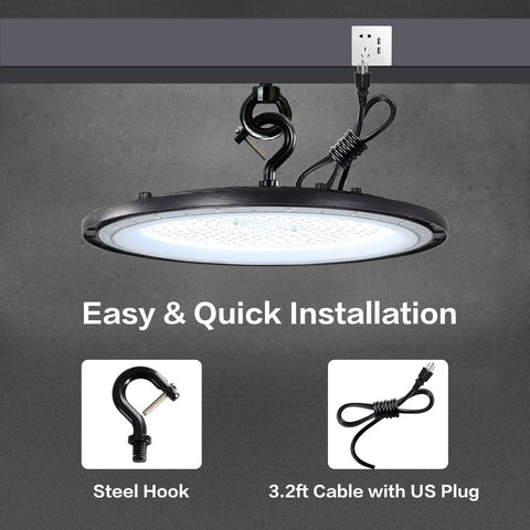 LED High Bay Light 100W UFO Style With US Plug, 15000lm Daylight 5000K, showing installation with steel hook and cable.