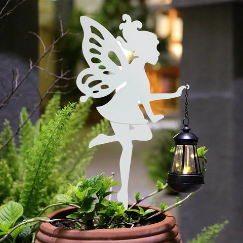 2 Pack Metal Fairy Hanging Lantern Solar Outdoor Garden Stakes With Silhouette Lights in garden potted plant