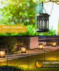 Outdoor Solar Lanterns Waterproof Hanging Lights For Backyard shown hanging on tree and lighting pathway at night.