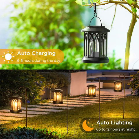 Outdoor Solar Lanterns Waterproof Hanging Lights For Backyard shown hanging on tree and lighting pathway at night.