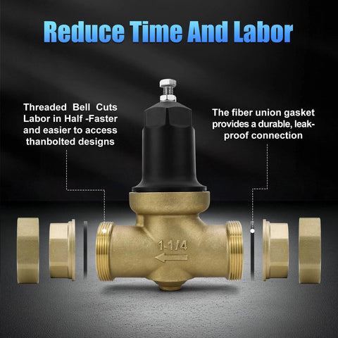 1-1/4 inch NR3XL pressure reducing valve with dual NPT connections, brass body and black adjustment knob
