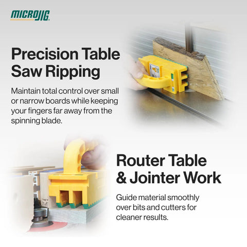 Heavy Duty Workhorse Push Block Compatible With Table Saws Routers Jointers And Band Saws Featuring Rock Solid Non Slip Grip To Completely Banish Kickback For Flawless Woodworking Projects Around The Home Shop 2 Pack in action for safe control over small boards.