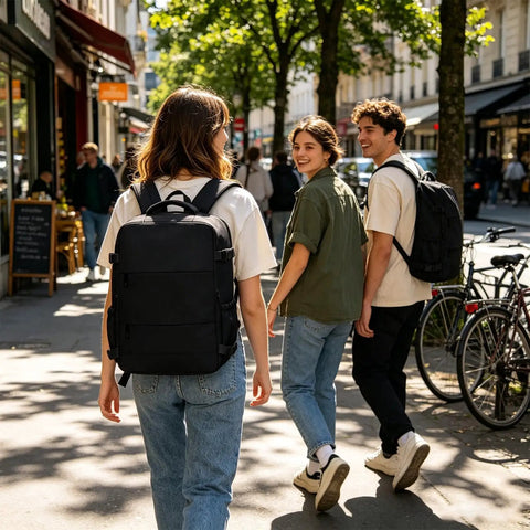 People walking with Carry On Friendly Hiking Backpack With Expandable Capacity Opens Flat For Easy Packing At Security