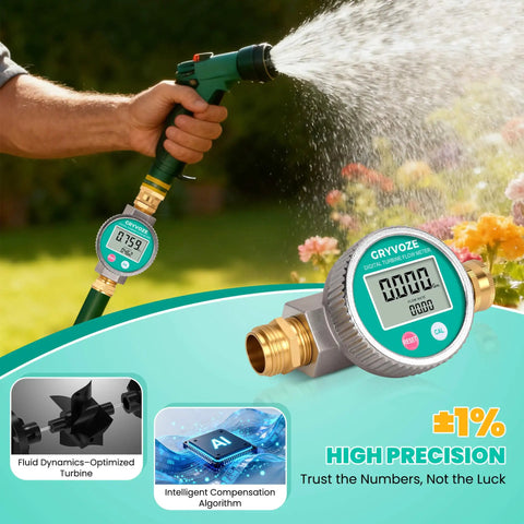 Metal Water Flow Meter Three Quarters Inch GHT Garden Hose Thread Brass Fittings With Large Screen in use for watering garden