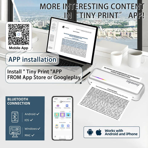 Fly Portable Thermal Printer Bluetooth Wireless Inkless Home Office Travel Buddy Compatible With Smartphones And Laptops For Tattoos And Snappy Prints Includes Fresh Paper Rolls showing app installation and Bluetooth connection.